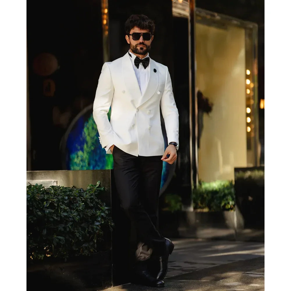 Costumes Homme Blanc 2 Pièces Boutique Couleur Unie Quotidien Décontracté Bureau Business Costume Homme Marié Mariage Blazer avec Pantalon
