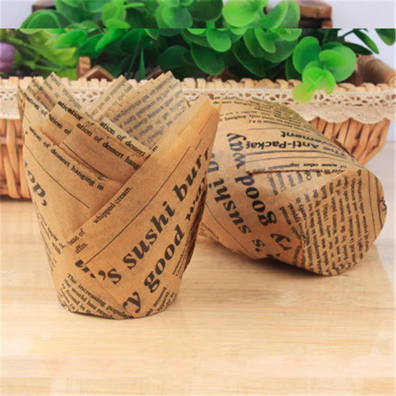 50x caissettes à cupcake de style journal, pour pâtisserie, mariage, caissettes tulipe, moule à muffins, papier sulfurisé, emballage de gâteau résistant à l'huile