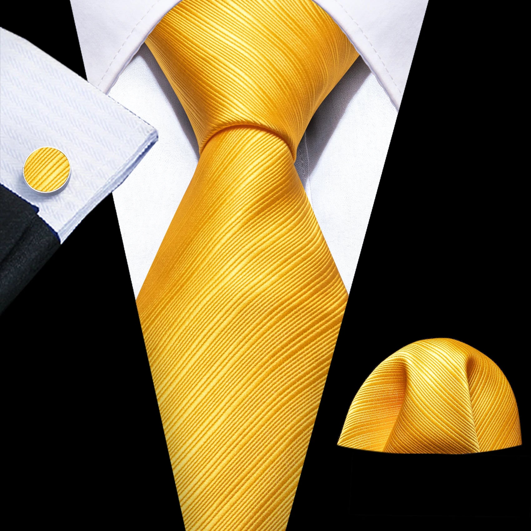 Barry.Wang Cravate Jacquard Or et Jaune pour Homme avec Mouchoir de Poche et Boutons de Manchette, Cravate Exquise pour Mariage et Affaires