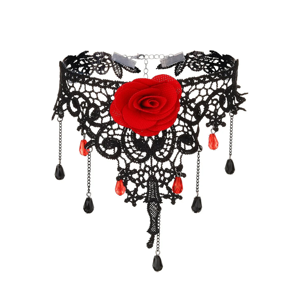 Collier ras-du-cou « rose épanouie en dentelle gothique » — style Lolita
