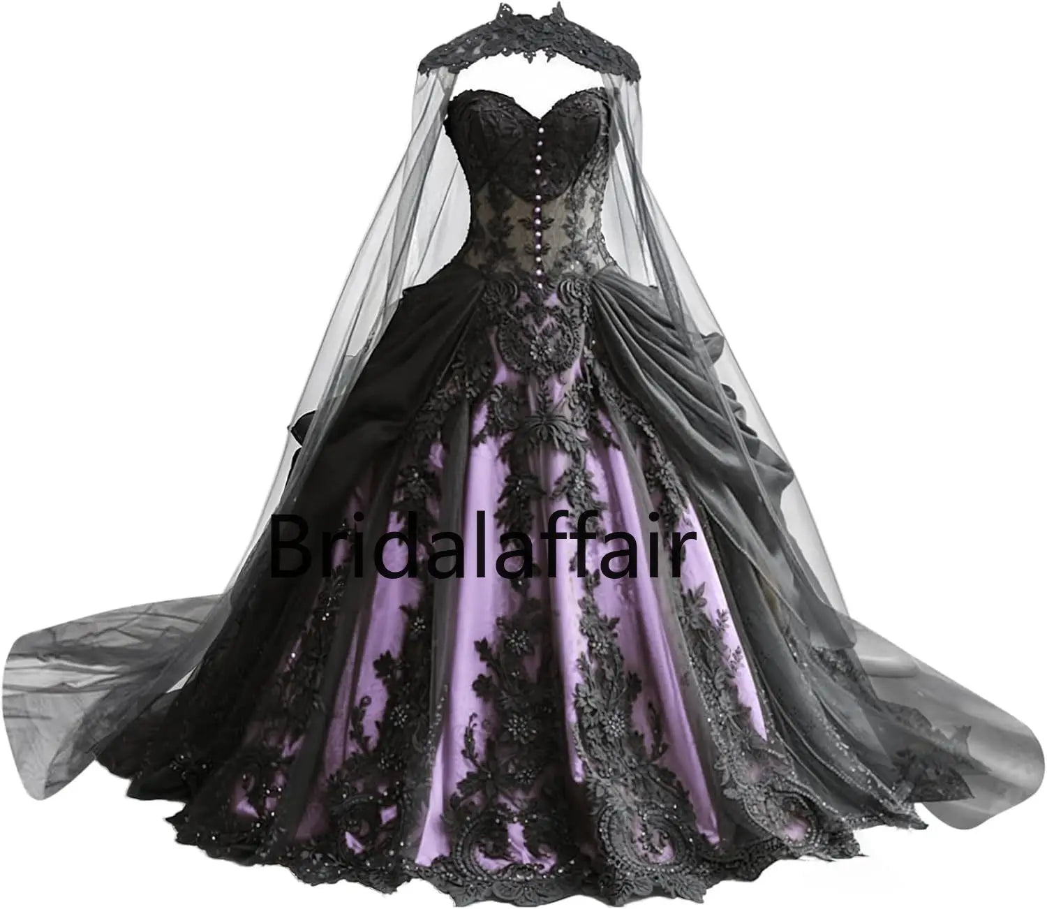 Robes de mariée gothiques pour la mariée Robes de mariée en dentelle noire appliquées Robes de mariée en tulle étagé brodées avec cape