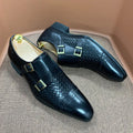 Classic Mens Dress Shoes Genuine Leather Double Buckle Monk Strap Cap Toe Blue Black Wedding Business Formal Suit Shoes for Men
