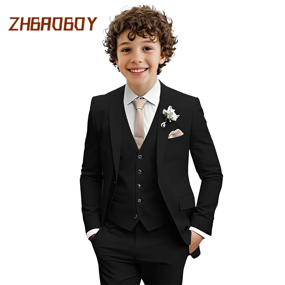 Costume Garçon 3 Pièces Coupe Slim Smoking Enfant Tenue de Mariage Formelle Ensemble Blazer Gilet Pantalon