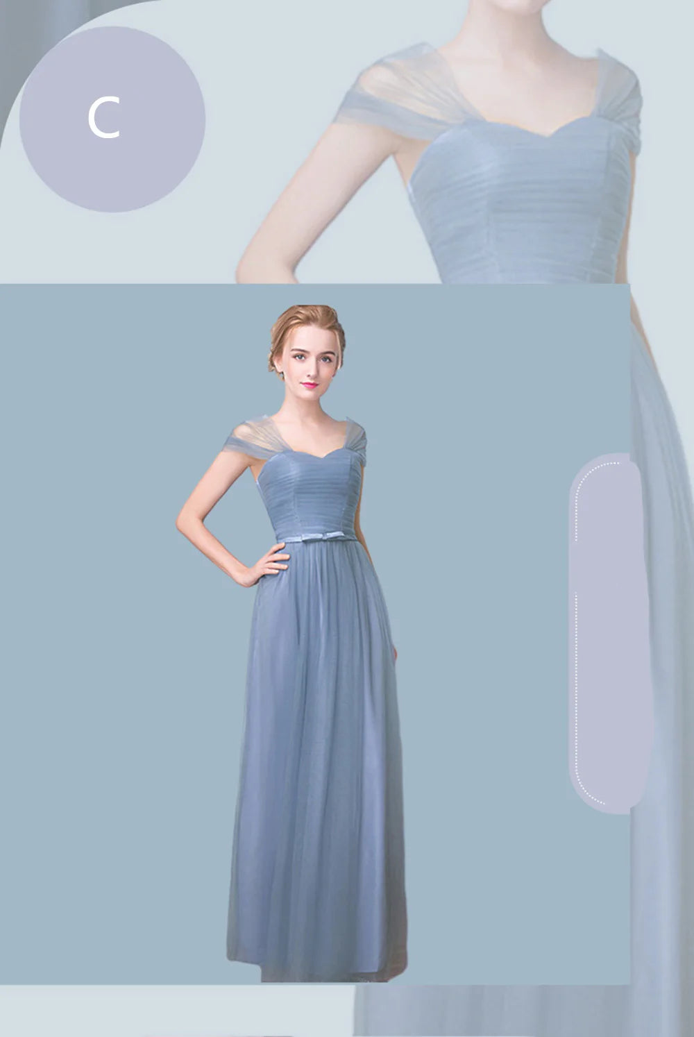Élégante Robe de Demoiselle d'honneur Gris Bleu Simple 4 styles sans Manches Femme Classique Tulle Ceinture Satin Lacets Nœud Robe de Bal Ligne A