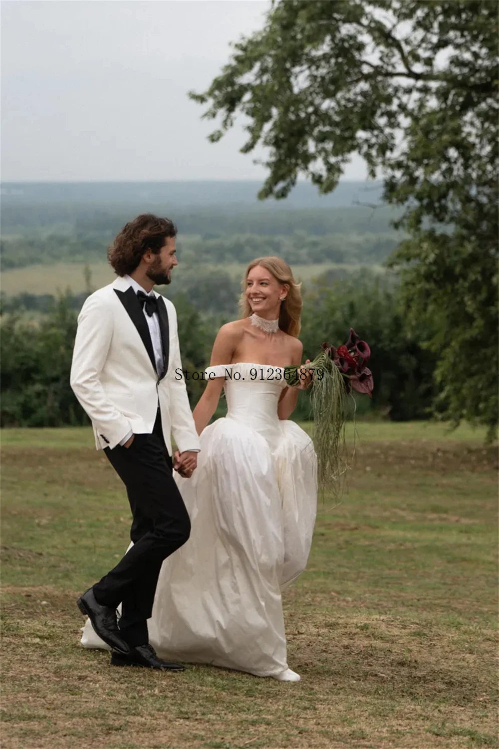 Customized Off-Shoulder Satin Ball Gown Wedding Dress with Structured Bodice Romantic A-Line Bridal Dress for Outdoor Weddings