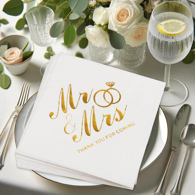 20/60/100 Pièces Serviettes de Mariage Dorées Mr Mrs Serviettes en Papier pour Décoration de Table de Dessert de Mariage Fournitures de Fête Prénuptiale