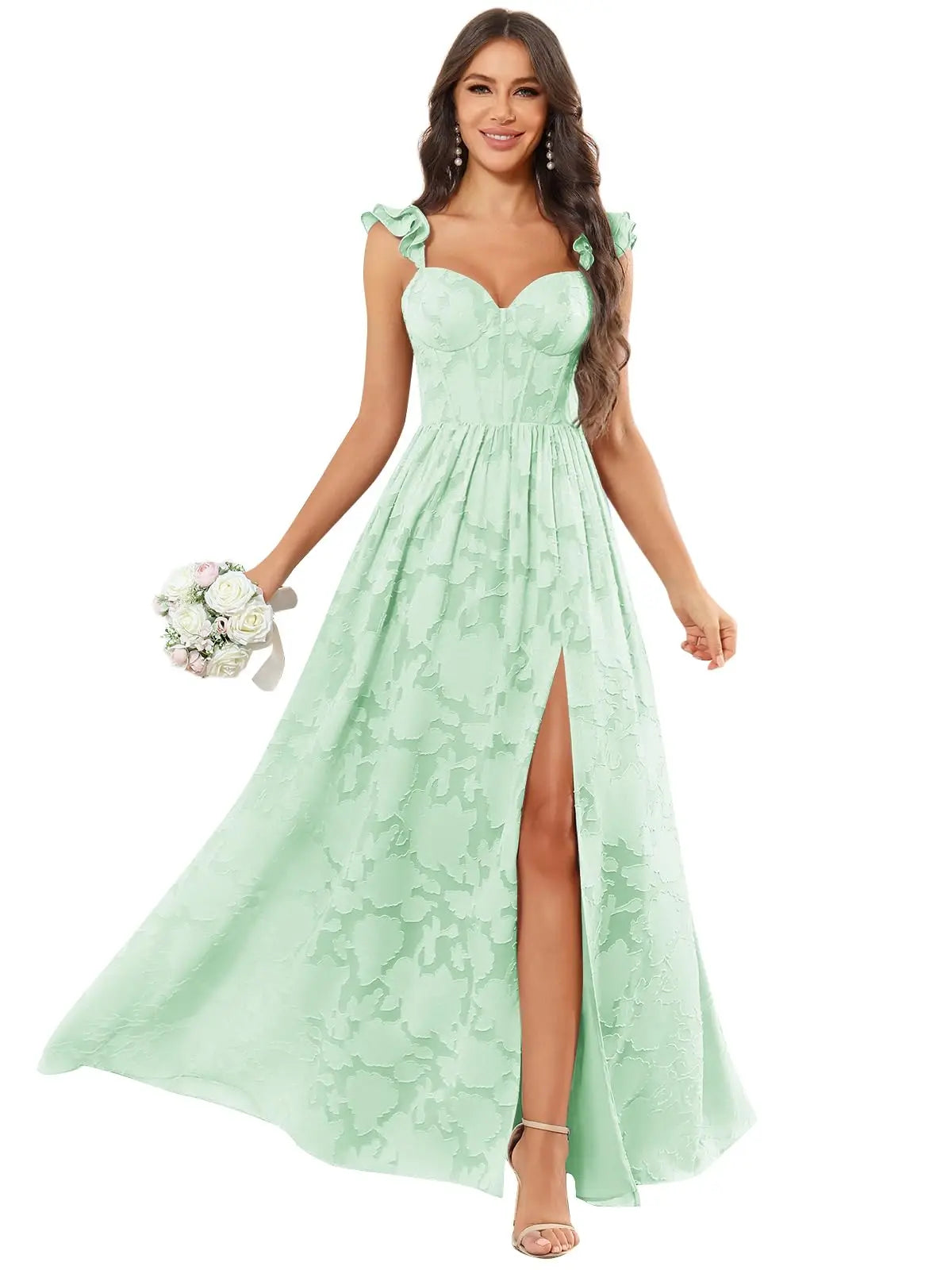 Floral Ruffle Bridesmaid Dress | Sweetheart A-Line Gown with Slit | Wedding Party