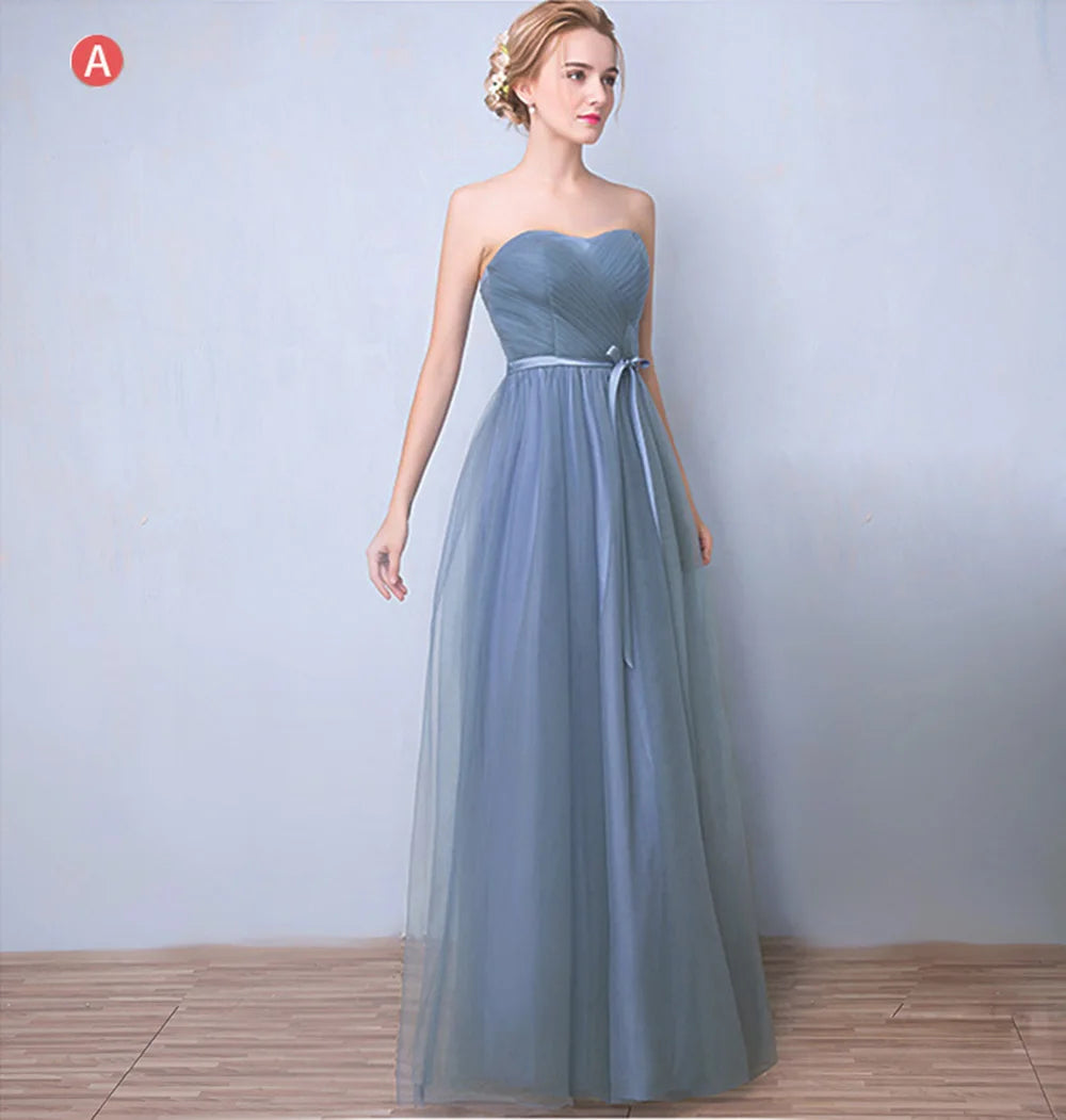 Élégante Robe de Demoiselle d'honneur Gris Bleu Simple 4 styles sans Manches Femme Classique Tulle Ceinture Satin Lacets Nœud Robe de Bal Ligne A