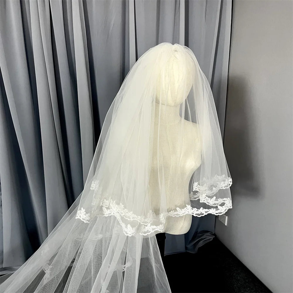 Cover face Real Photo 3m two Layer Wedding Veil With Comb White Lace Edge Bridal Veils Ivory Appliqued Cathedral Wedding Veil