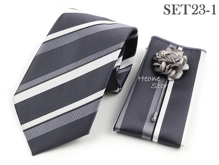 Men's Striped Necktie, Pocket Square & Brooch Set | Groom & Groomsmen Wedding Accessory