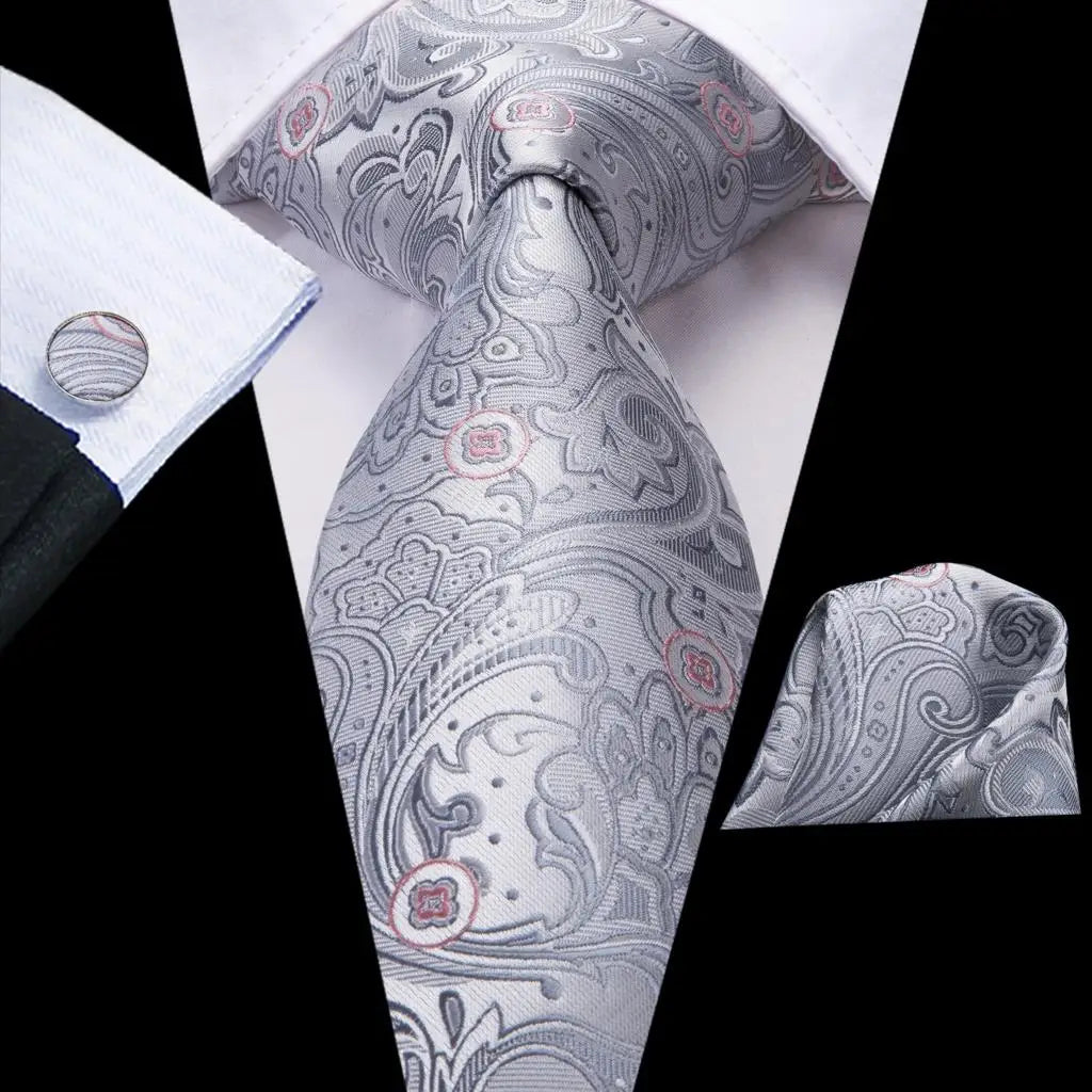 Silk Paisley & Floral Necktie Gift Set | Groom & Groomsmen Wedding Tie with Pocket Square & Cufflinks