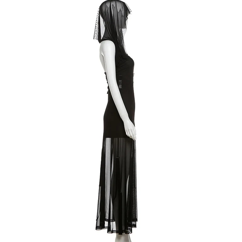 Goth Dark Fairycore Diverse Dressing Styles Partywear Sexy Strapless Hooded Long Dress Gothic Cute Bow Mesh Slim Bodycon Dresses