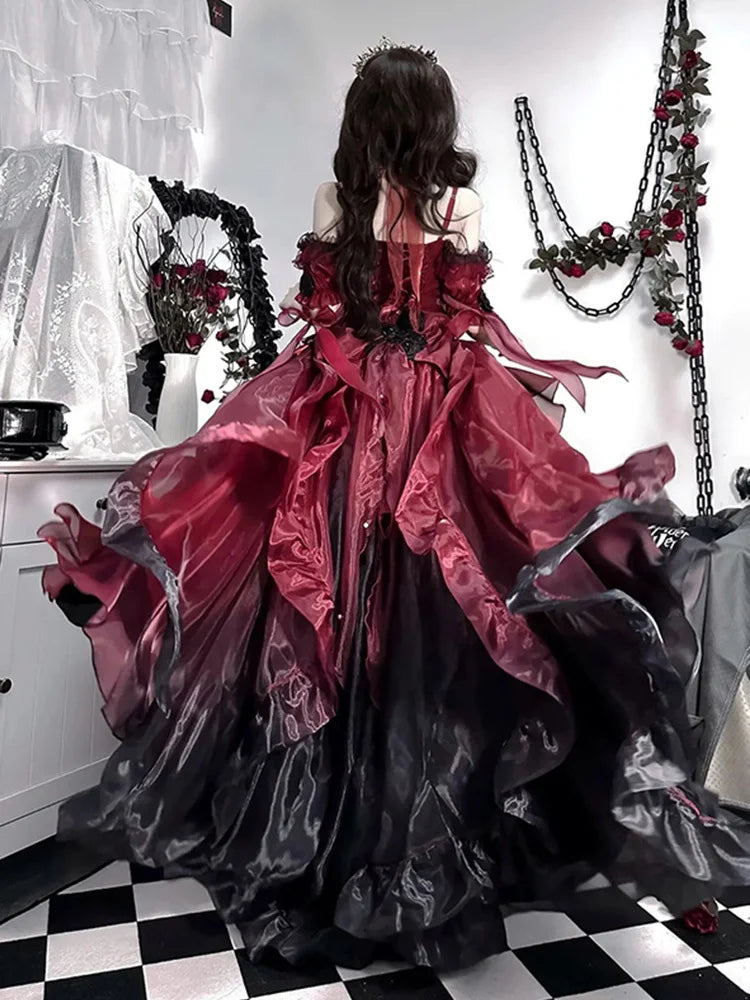 Robe de mariée gothique rouge fleur Cosplay Lolita Robe Op Lolita Robe de princesse bouffante à traîne pour l'industrie lourde, Cosplay Lolita