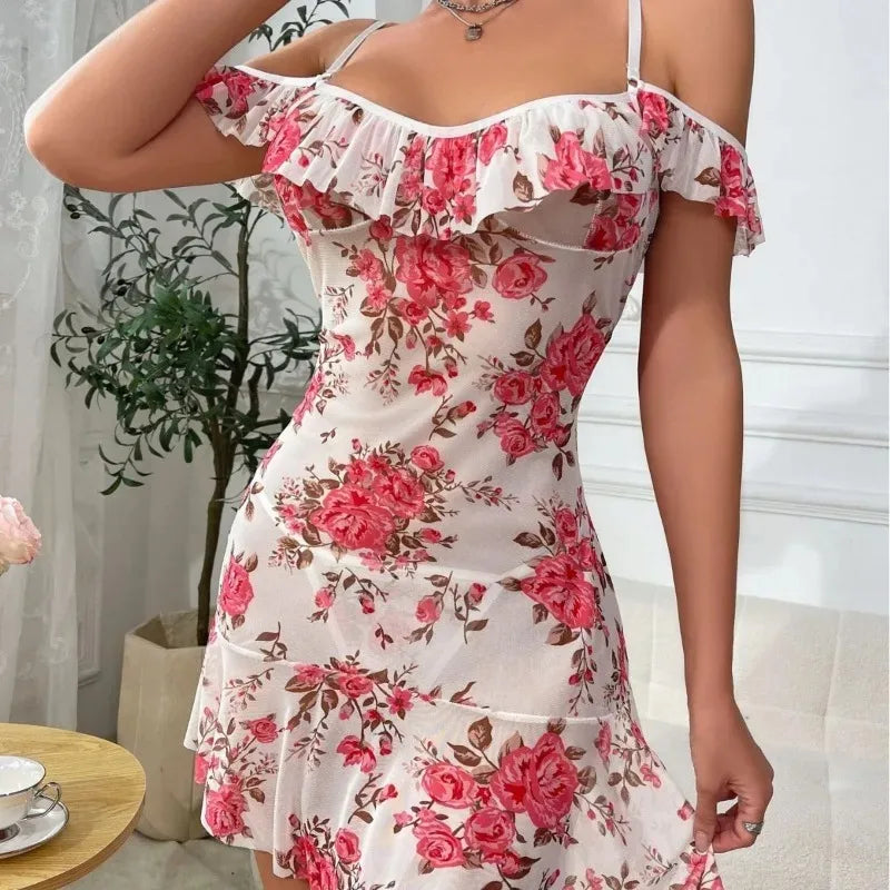 Robe de Nuit Adulte Sexy Jacquard Épaules Dénudées pour Femmes Lingerie Nuisette Pyjama