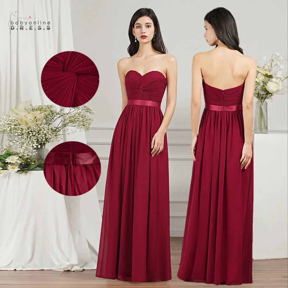 BABYONLINE Robes de demoiselle d'honneur pour fête de mariage élégantes bordeaux plissées en mousseline de soie coupe trapèze longues robes de soirée formelles de bal