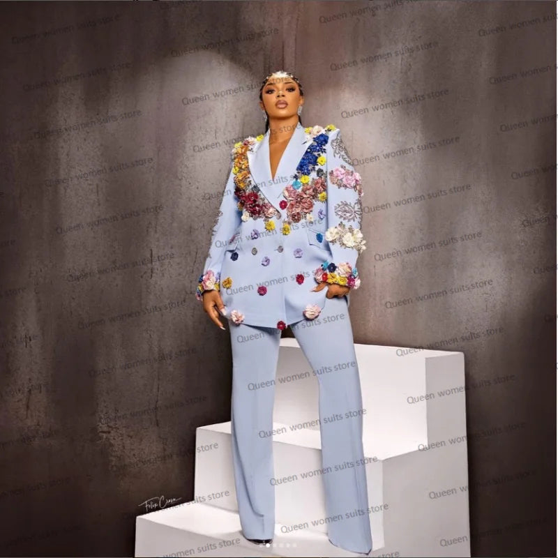Wedding Tuxedos Women Suits Set Blazer+Pants 2 Pieces Crystal 3D Flower Beads Customized Formal Guest Party Prom Dress Jacket