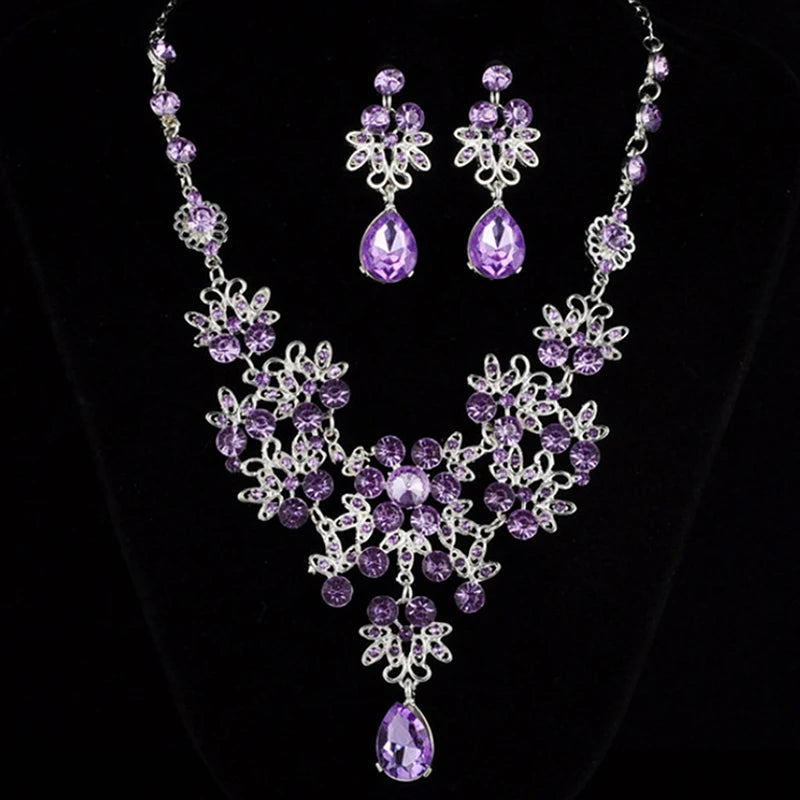 Parure Collier et Boucles d'Oreilles de Mariée Fleur et Goutte d'Eau
