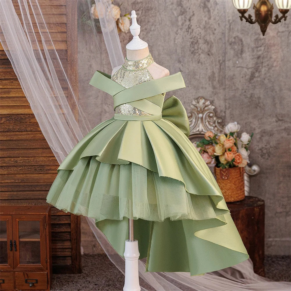 Robe de soirée à sequins pour filles, élégante, avec traîne, pour mariage, demoiselles d'honneur, princesse, bal de promo, nœud, anniversaire, concours, vêtements pour enfants