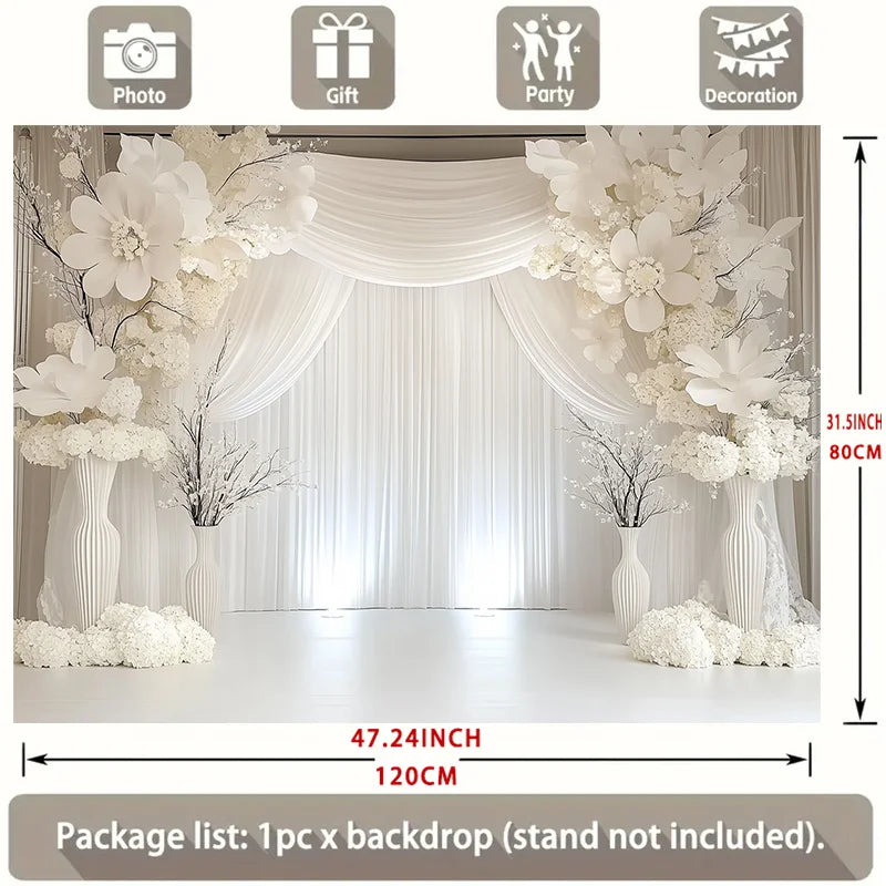 Elegant White Floral Wedding Backdrop Banner with Curtains