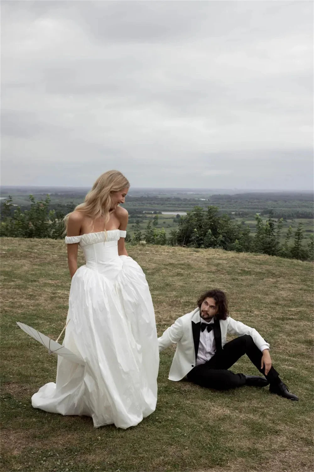 Customized Off-Shoulder Satin Ball Gown Wedding Dress with Structured Bodice Romantic A-Line Bridal Dress for Outdoor Weddings