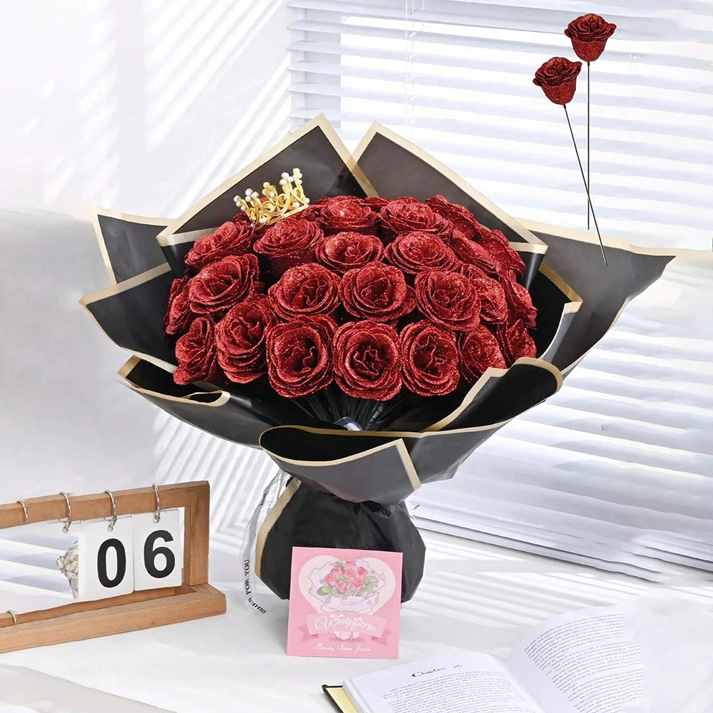 Glitter Rose Bouquet | 18-Piece Faux Flower Arrangement for Weddings & Gifts