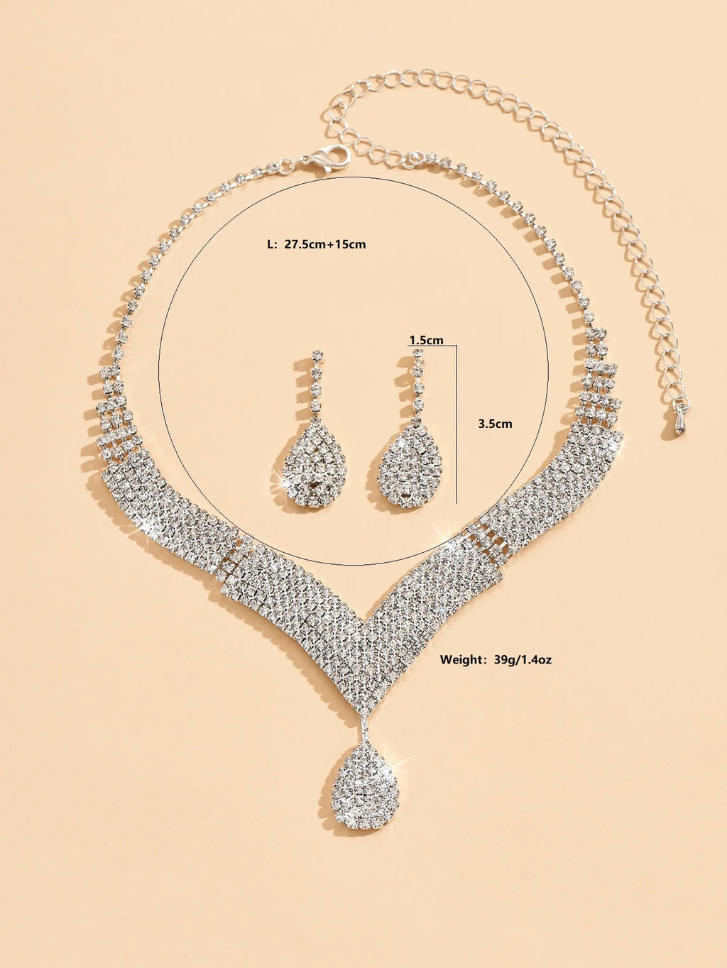 Parure collier et boucles d'oreilles goutte d'eau en strass – 3 pièces, bijoux de mariée