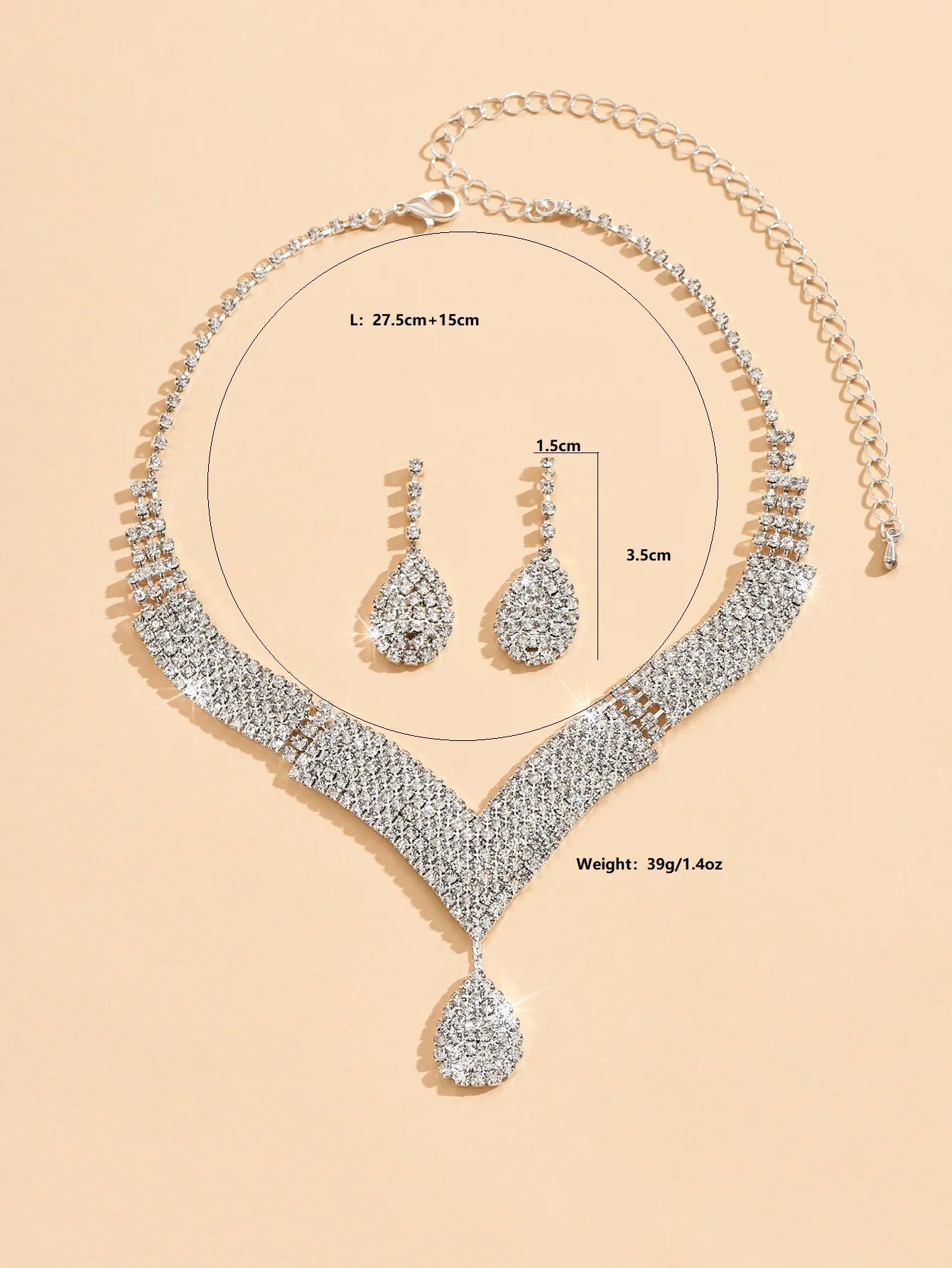 Parure collier et boucles d'oreilles goutte d'eau en strass – 3 pièces, bijoux de mariée