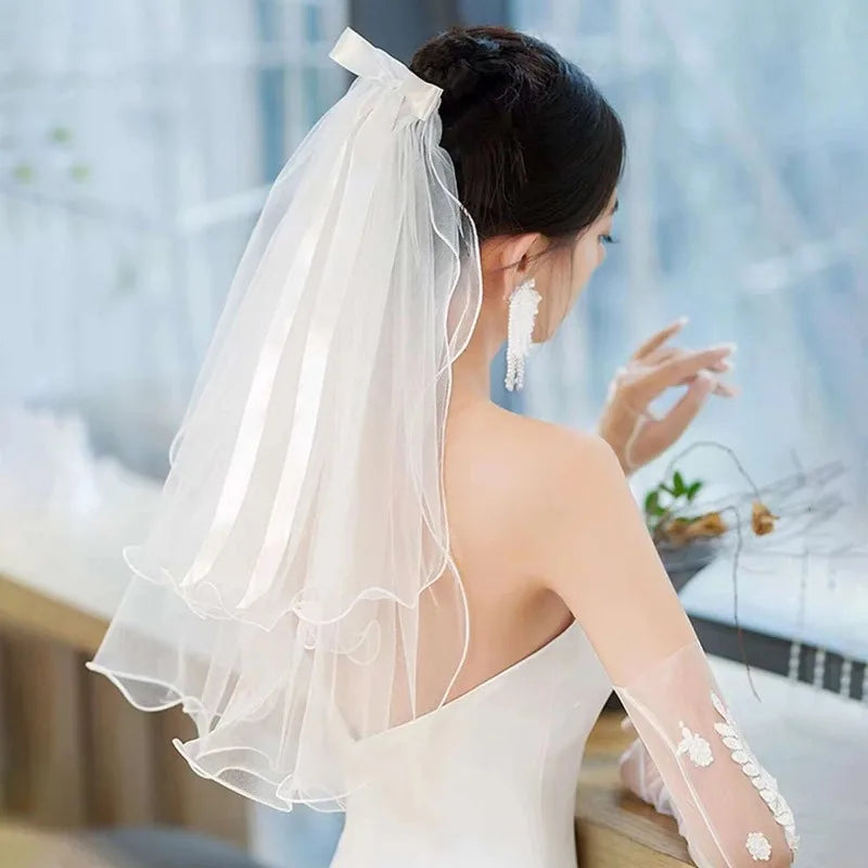 1PC Double layered bow tied headband Wedding birthday party white veil decoration Bridal engagement banquet hair accessories