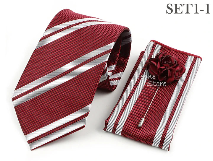 Men's Striped Necktie, Pocket Square & Brooch Set | Groom & Groomsmen Wedding Accessory