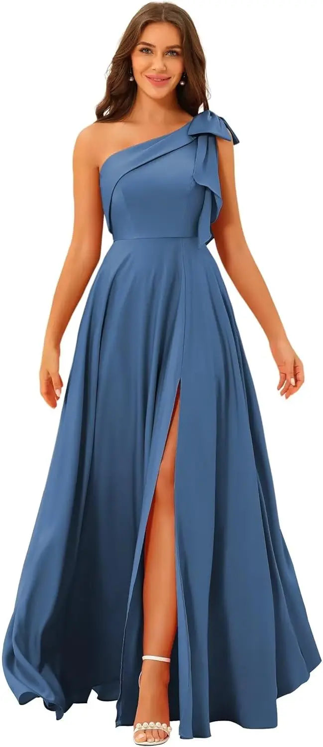 Robe de demoiselle d'honneur élégante en satin à nœud et à épaule dénudée, coupe trapèze fendue, dos nu, couleur unie, simple, pour invités, robe de bal, laçage, robe de soirée de mariage