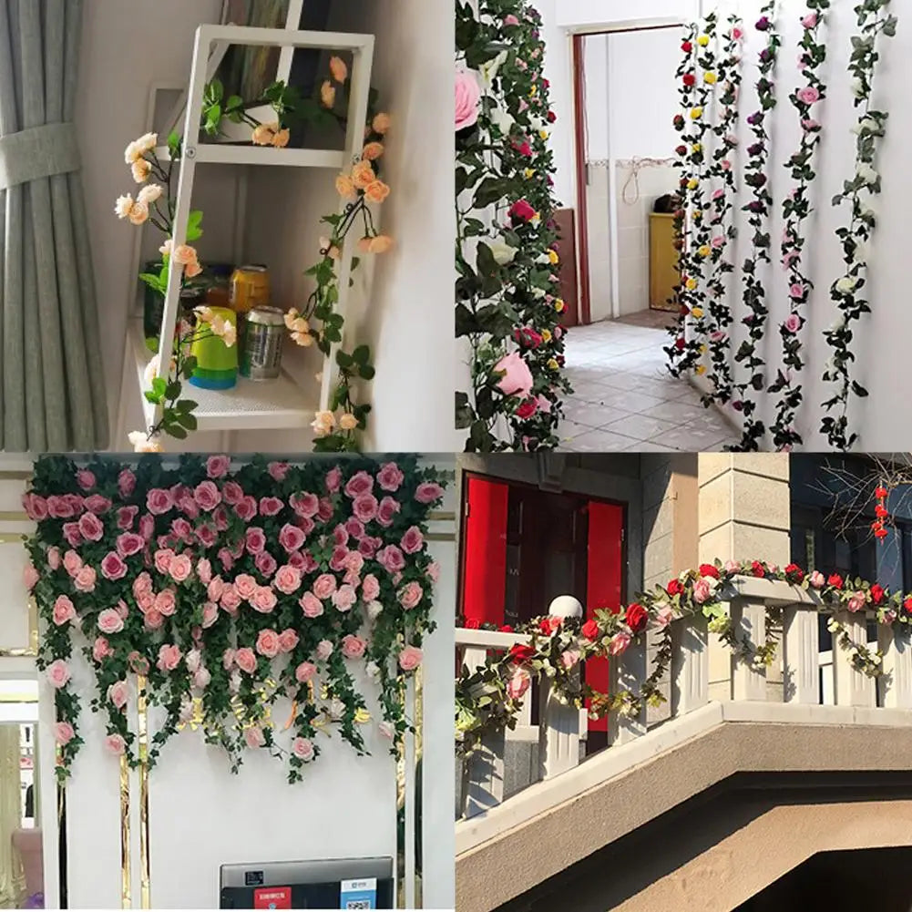 2.3M Guirlande de roses rouges artificielles en soie pour décoration de mariage, fausses fleurs pour la maison, décoration de chambre, vigne florale verte