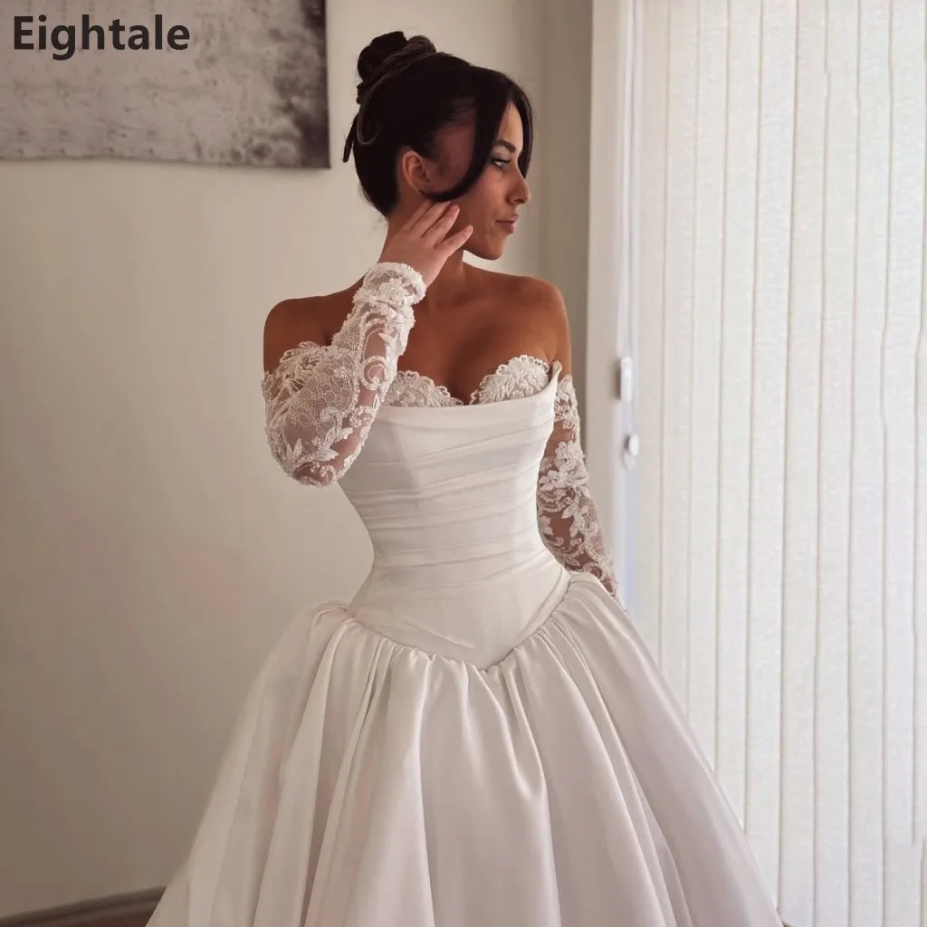 Sevintage 2026 Ivory Ball Gown Bridal Gown Strapless Ruched Bodice Satin Wedding Dress with Chapel Train Customized