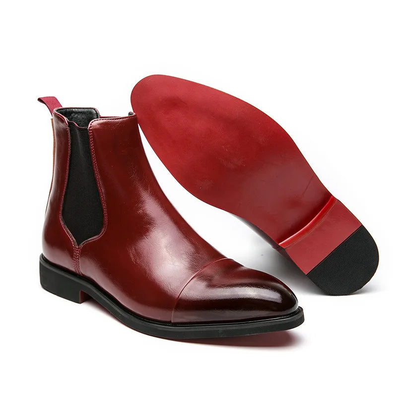 Bottes Cheville Homme Affaires Semelle Rouge Bout Pointu Bottines Habillées Britanniques Chaussures Hautes en Cuir Décontractées Chelsea Homme à Enfiler