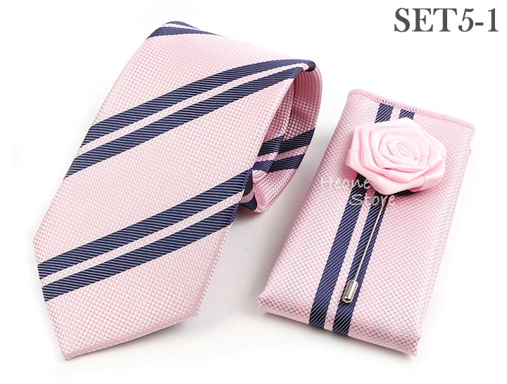 Men's Striped Necktie, Pocket Square & Brooch Set | Groom & Groomsmen Wedding Accessory