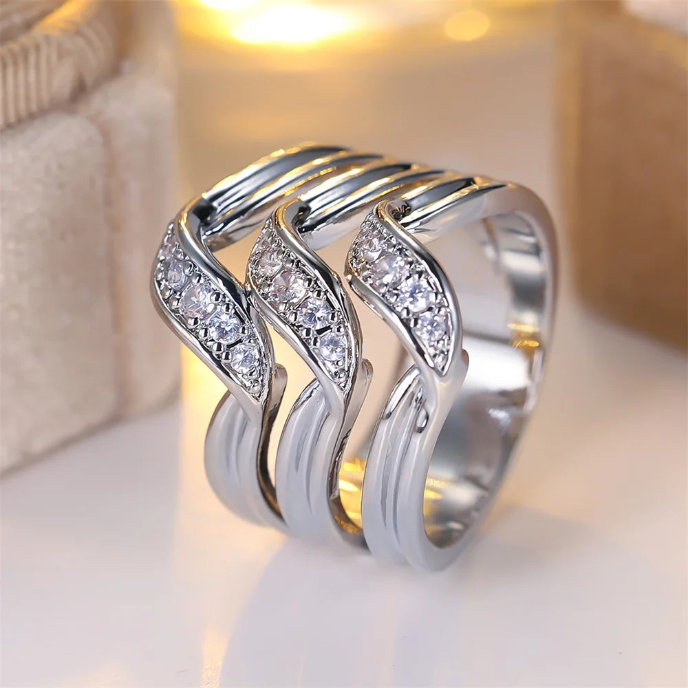 Bagues en pierre de cristal trois couches avec zircon blanc pour femme, bague de fiançailles couleur argent tendance, bijoux de mariage, cadeau polyvalent pour mariée