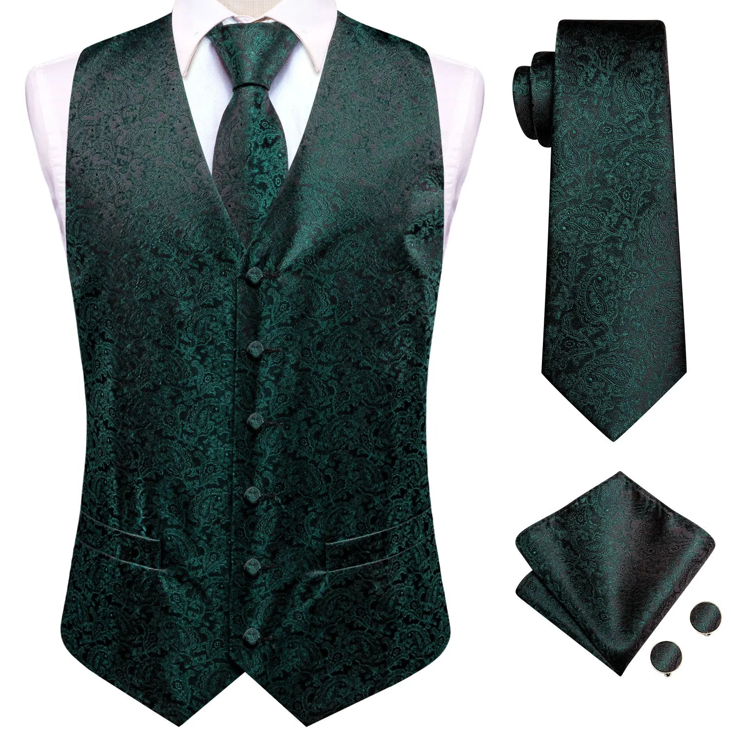Gilets de costume en soie Hi-Tie pour homme, 4 pièces, tissés, vert sauge uni, gilet, cravate, pochette, boutons de manchette, pour affaires, mariage, robe, veste de taille