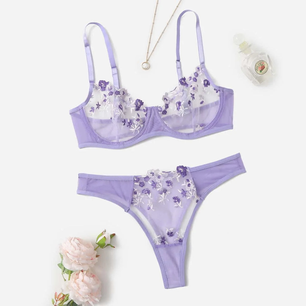 Lingerie Sexy Broderie Florale Sous-Vêtements Dentelle Transparente Court Kits de Soins de la Peau Ensemble Fée Délicate Femme 2 Pièces