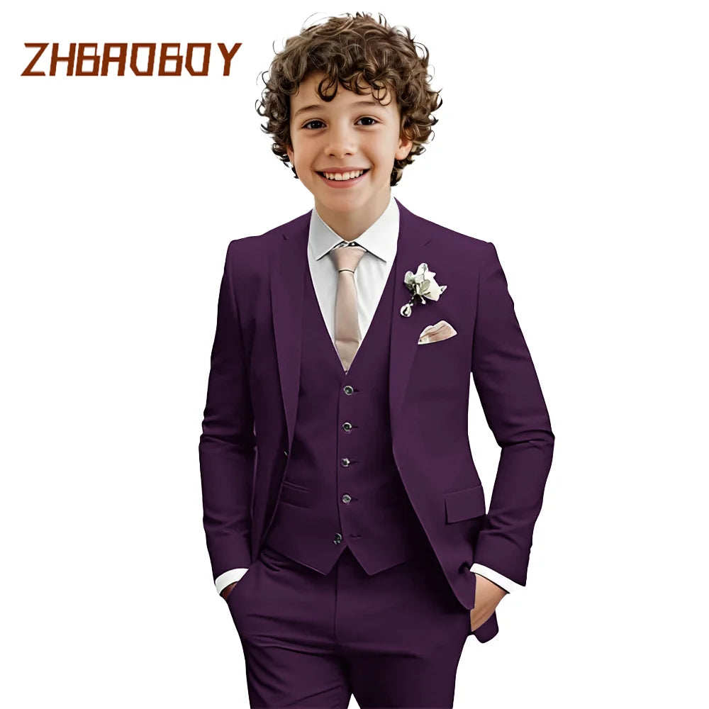 Costume Garçon 3 Pièces Coupe Slim Smoking Enfant Tenue de Mariage Formelle Ensemble Blazer Gilet Pantalon