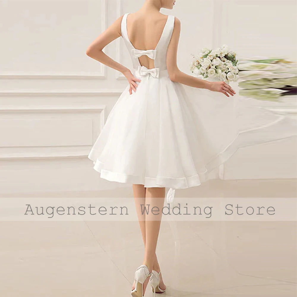Ivory Satin A-Line Wedding Dress | Boat Neck Sleeveless Bridal Gown with Bow