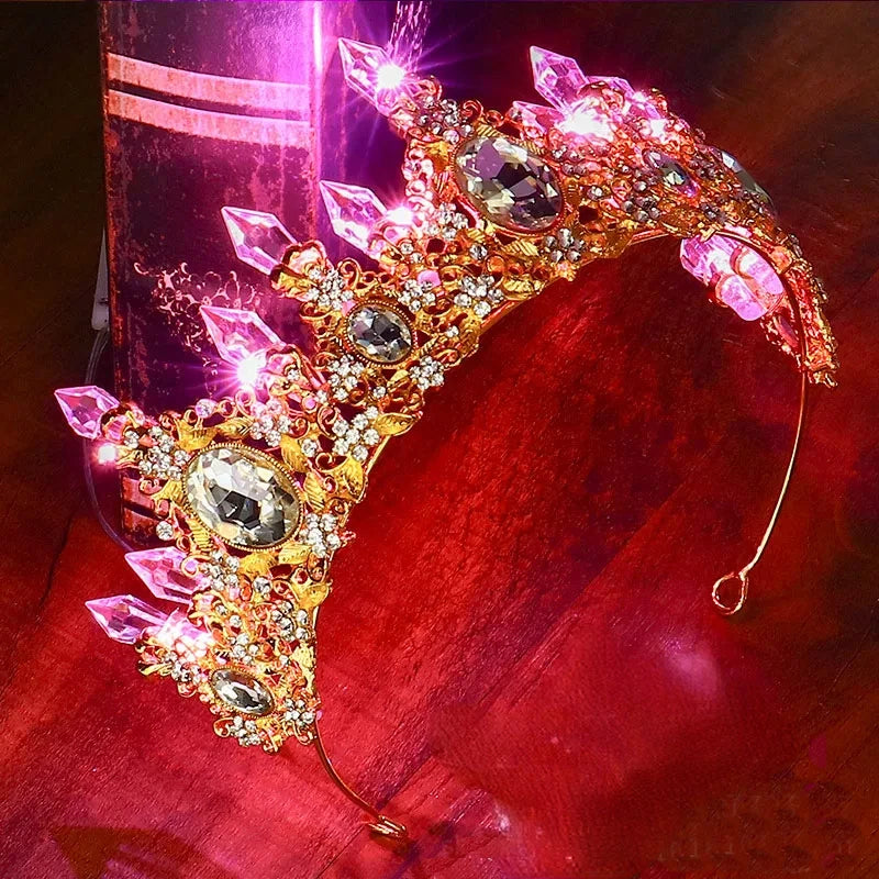 Accessoires de Cheveux de Mariée Lumineux Alliage Cristal Fête LED Lumineux Couronne Strass Diadème Fleur Reine Mariage Festival