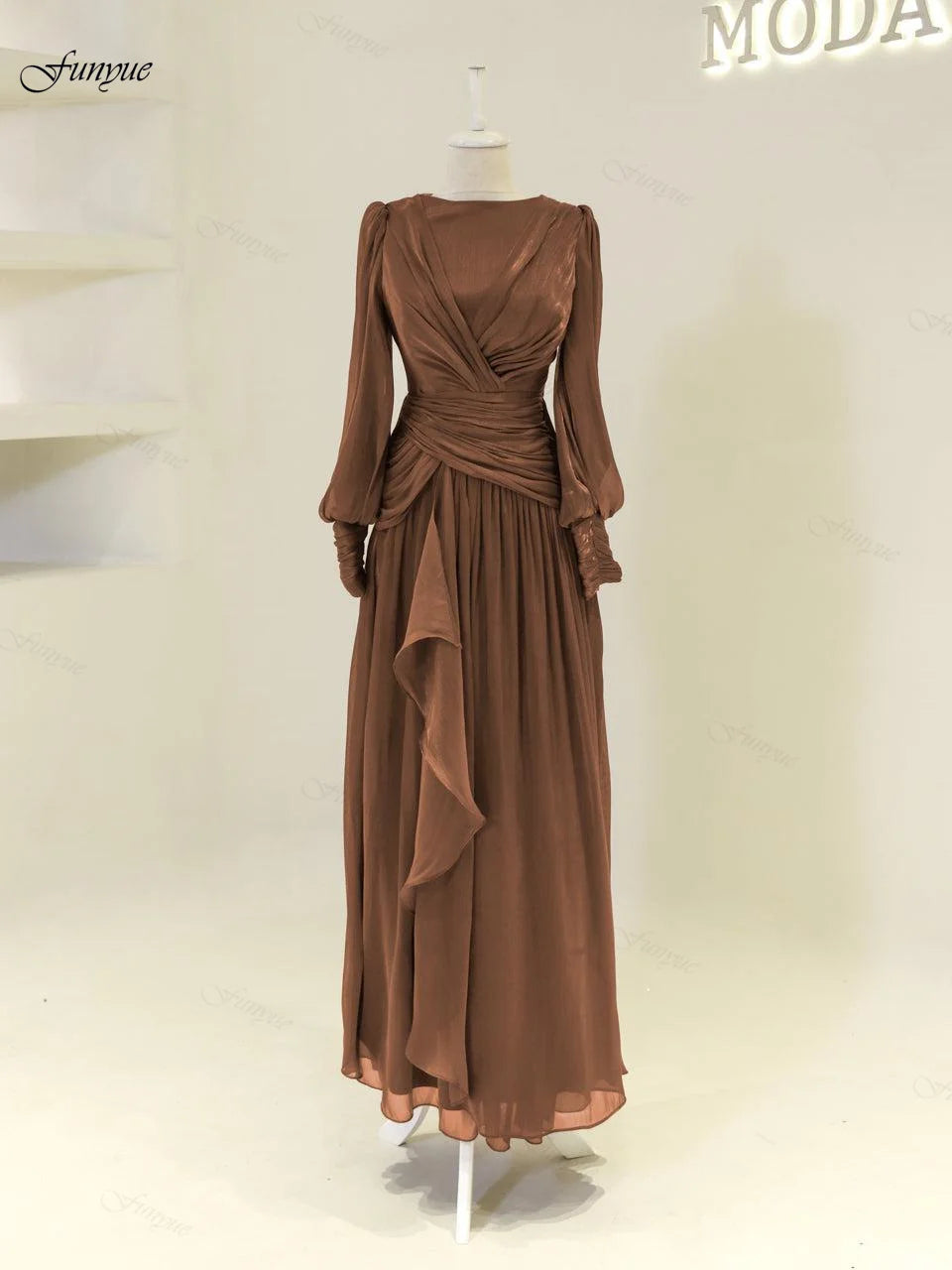 Robes de soirée musulmanes personnalisées élégantes pour femmes, en mousseline avec volants, manches longues, pour invités de mariage, robe de soirée formelle