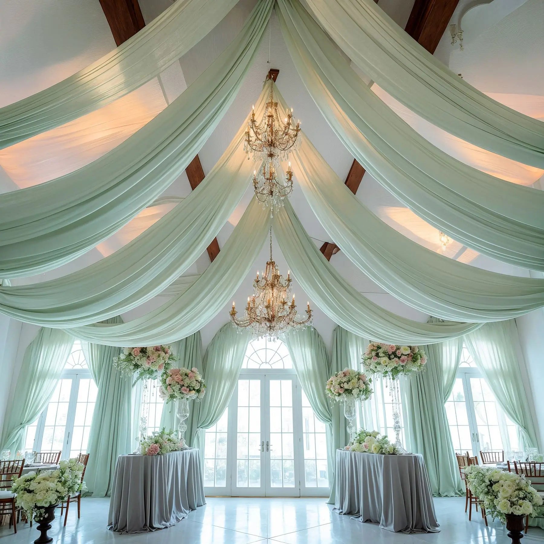 Décoration de plafond de mariage en arche avec rideaux en voile blanc, tissu en gaze, tulle pour la scène de fête, la cérémonie, l'hôtel.