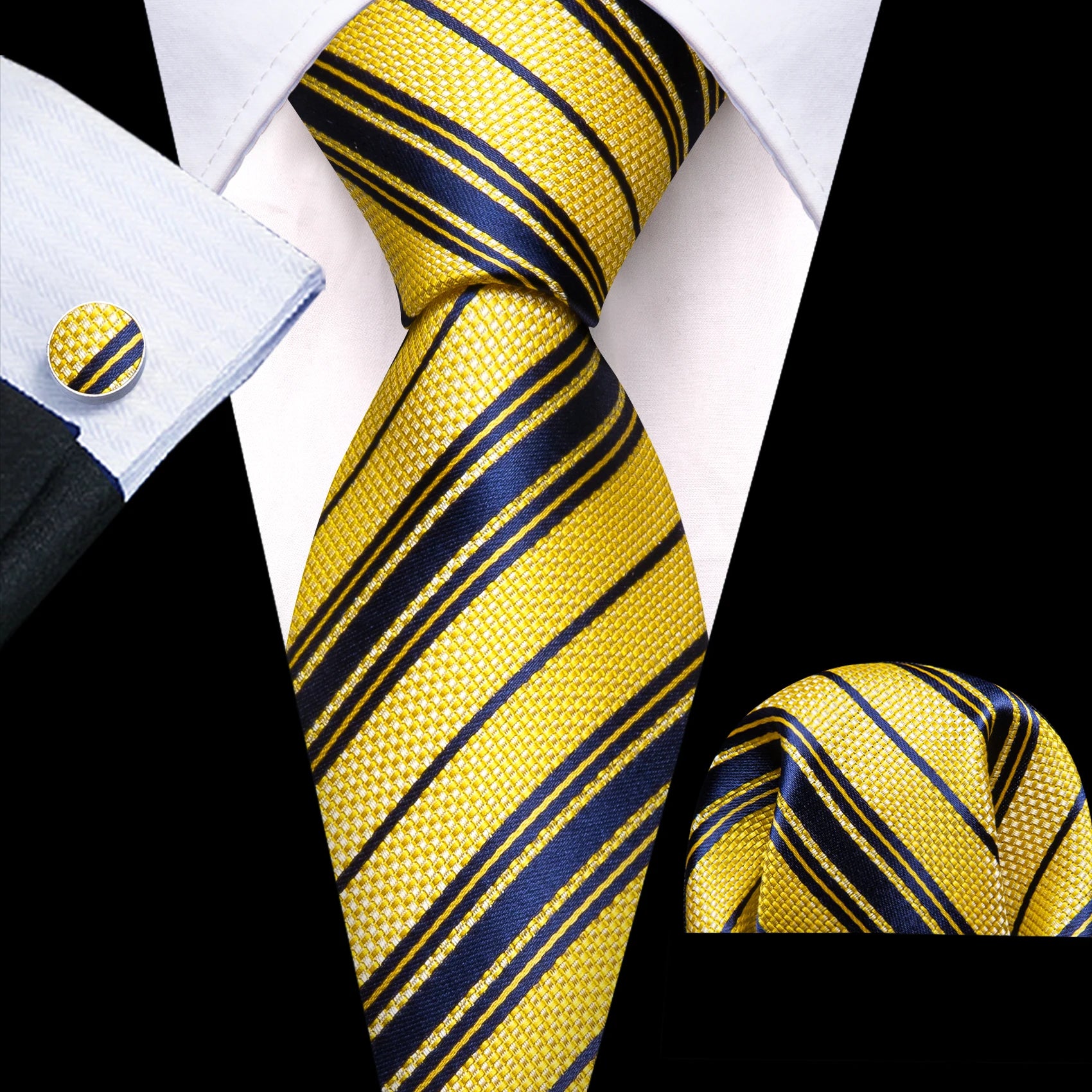 Barry.Wang Cravate Jacquard Or et Jaune pour Homme avec Mouchoir de Poche et Boutons de Manchette, Cravate Exquise pour Mariage et Affaires