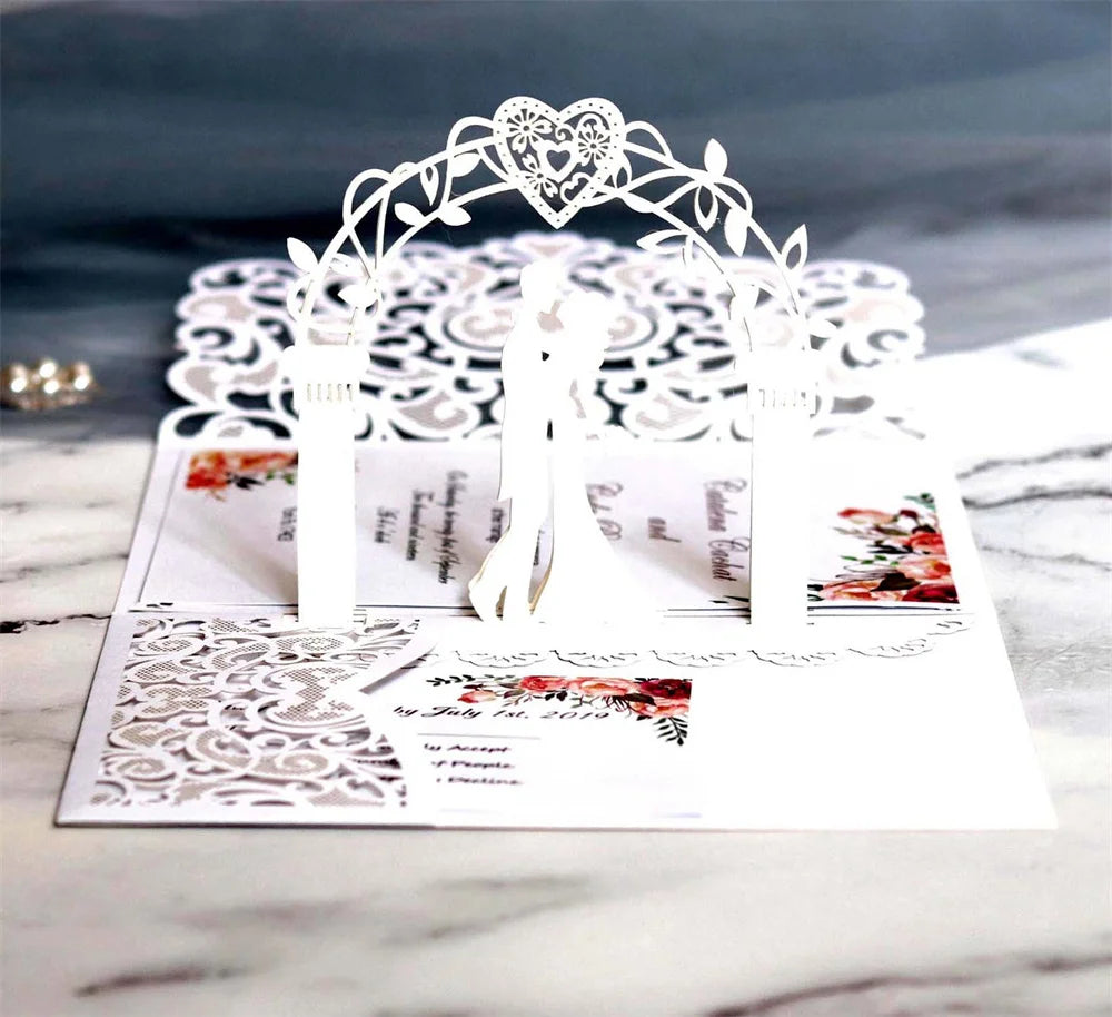 6 Pièces/Lot 3D Pop Up Mariés Ivoire Carte d'invitation de mariage Laser Poche Florale Douche nuptiale Invitations de fiançailles