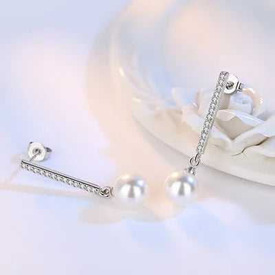 Longues boucles d'oreilles pendantes zircon et perle — Argent sterling 925