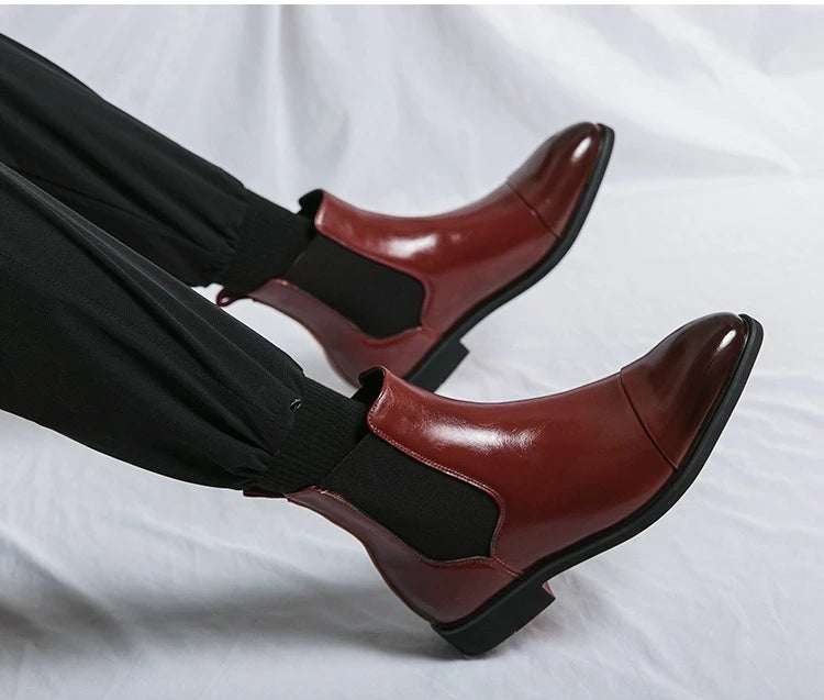 Bottes Cheville Homme Affaires Semelle Rouge Bout Pointu Bottines Habillées Britanniques Chaussures Hautes en Cuir Décontractées Chelsea Homme à Enfiler