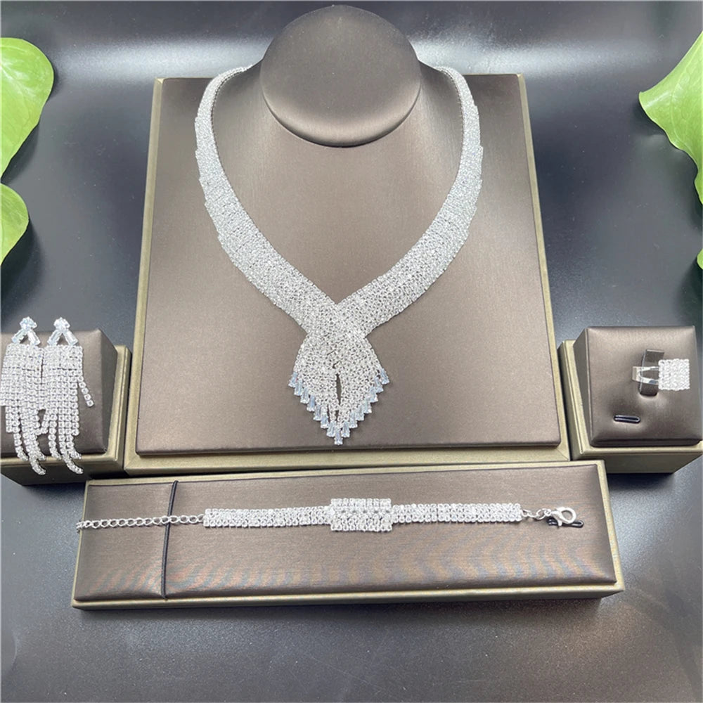 Luxury Tassel Rhinestone 4-Piece Bridal Jewelry Set — Necklace, Earrings, Ring & Bracelet