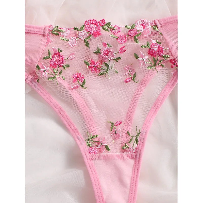 Lingerie Sexy Broderie Florale Sous-Vêtements Dentelle Transparente Court Kits de Soins de la Peau Ensemble Fée Délicate Femme 2 Pièces