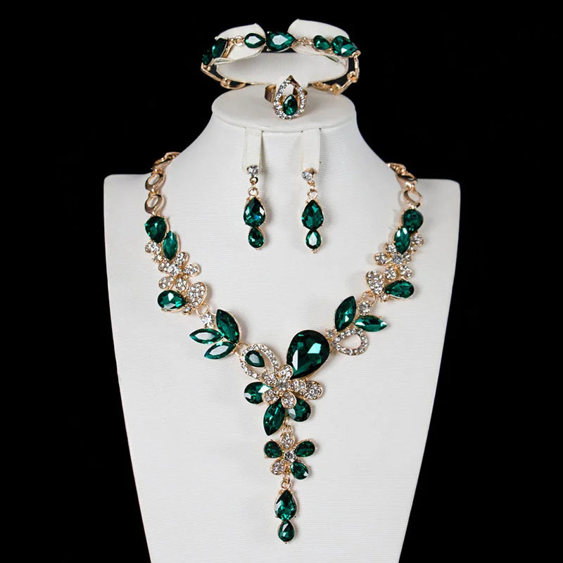 Green Crystal 4-Piece Bridal Jewelry Set — Necklace, Bracelet, Earrings & Ring