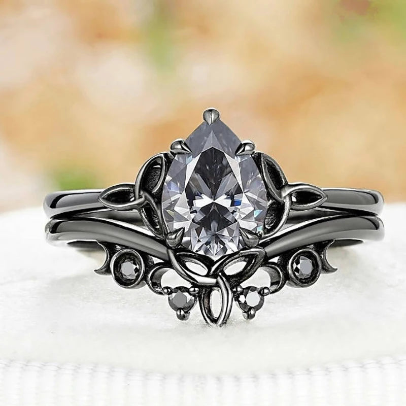 Lot de 2 bagues vintage noires empilables avec zircone cubique taille poire, bague de fiançailles style gothique punk, bijou de mariage.